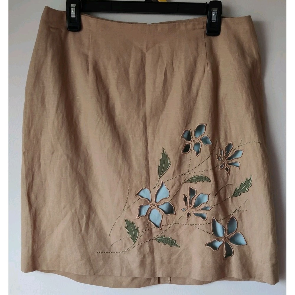 Mercer & Madison Women's Linen Blend Floral Cut Out Skirt Tan/Light Blue Size 10